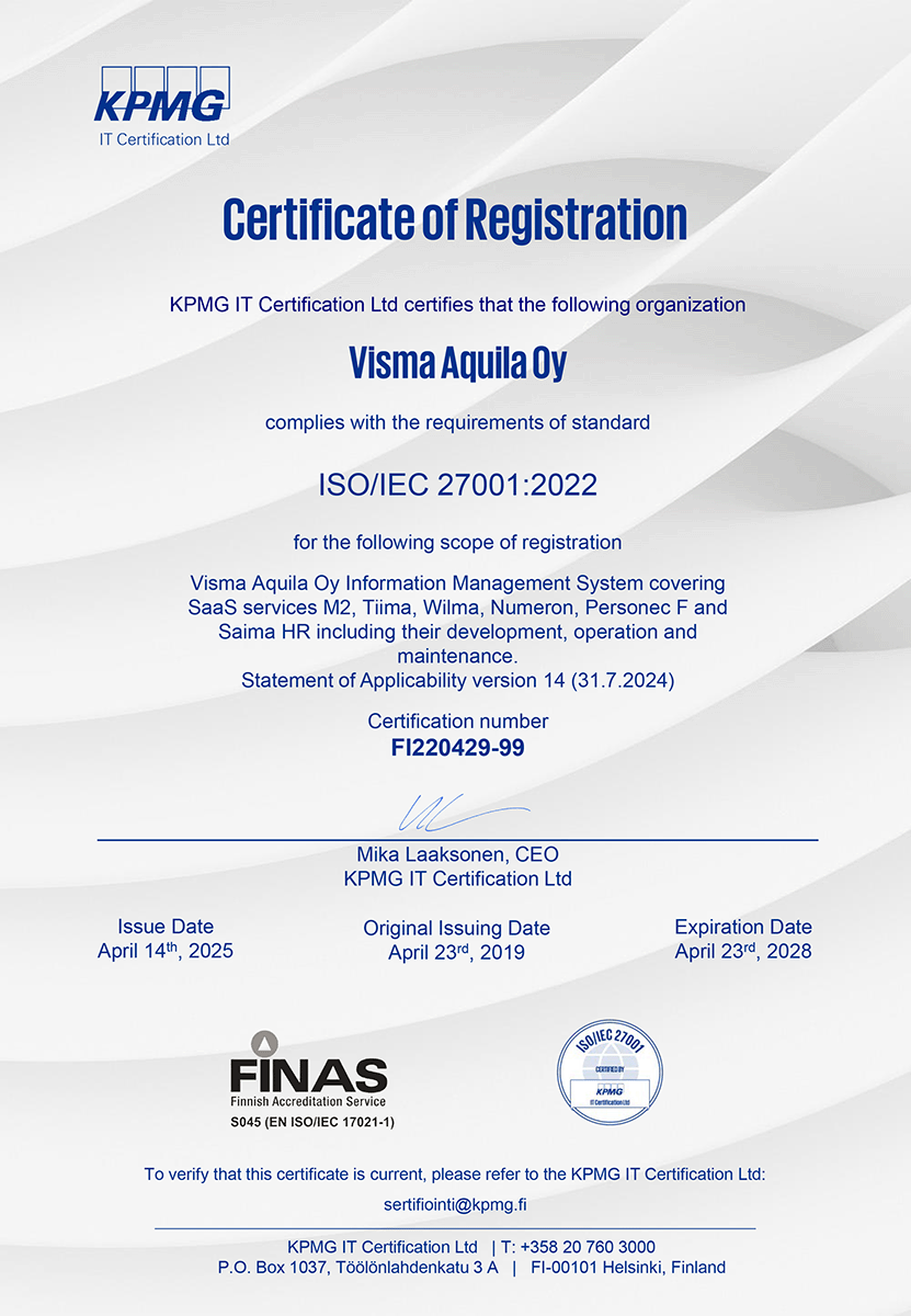 Wilman ISO 27001 -tietoturvasertifikaatti