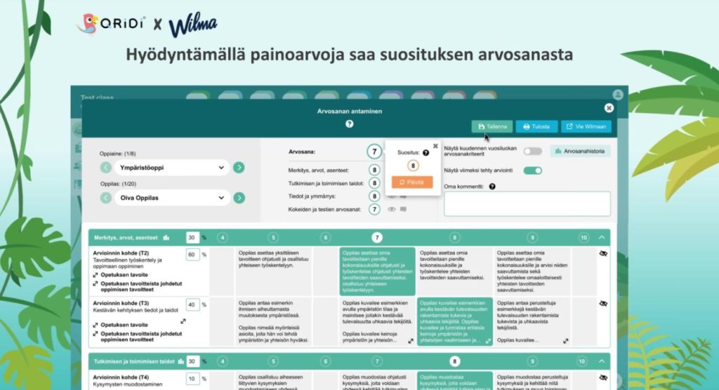 Esimerkki arvosanan antamisesta Qridi-ohjelmistosta