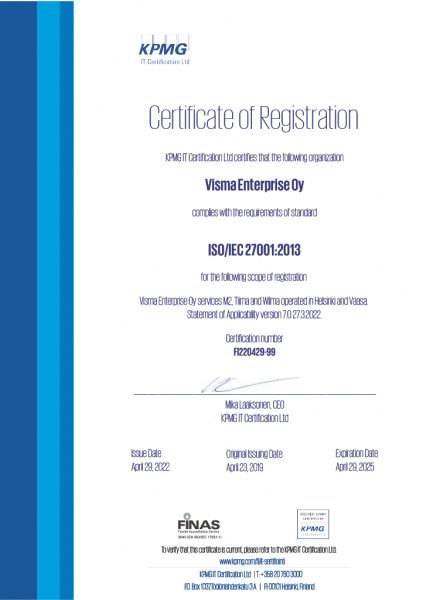 Wilman ISO 27001 -sertifikaatti